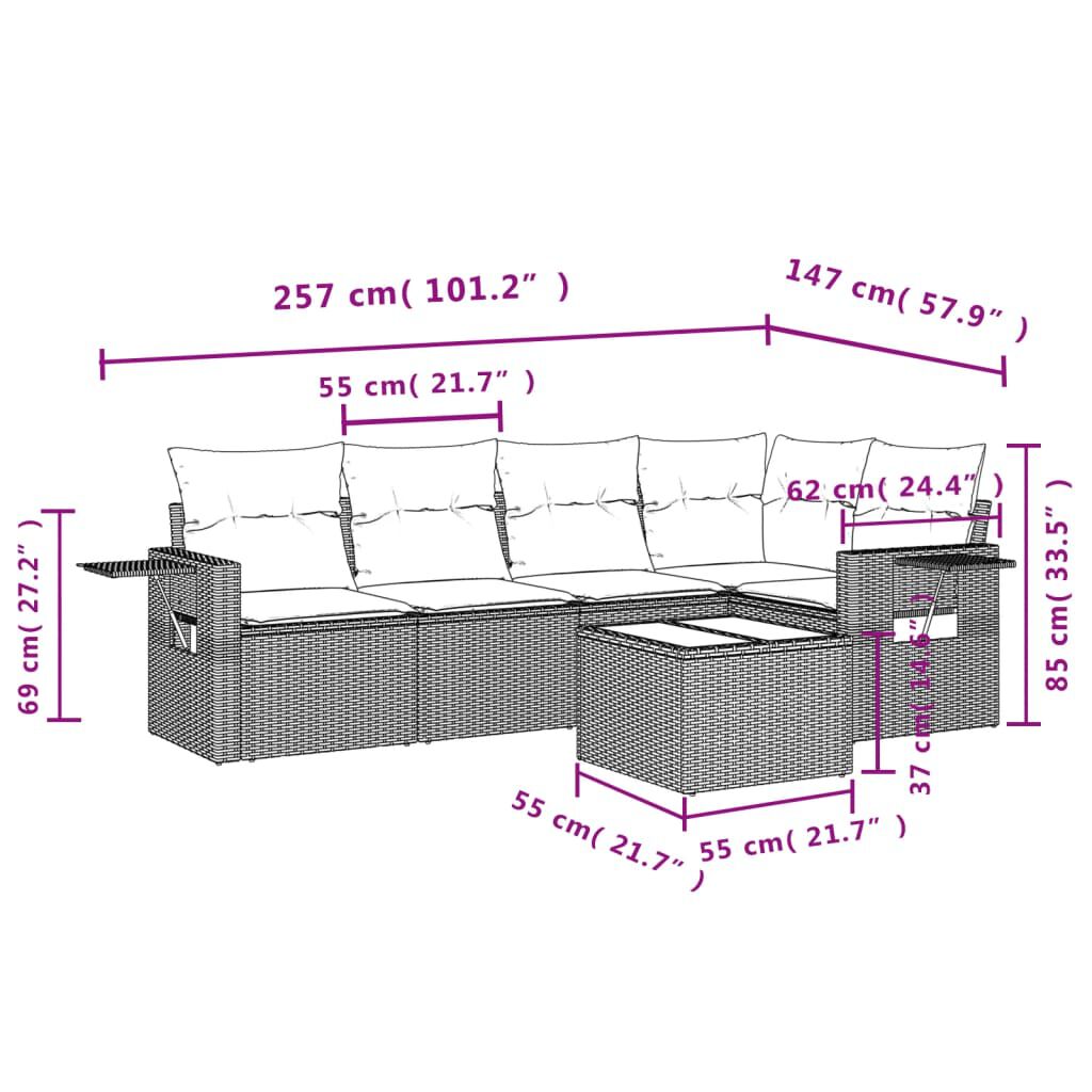 vidaXL 6 Piece Garden Sofa Set with Cushions Brown Poly Rattan
