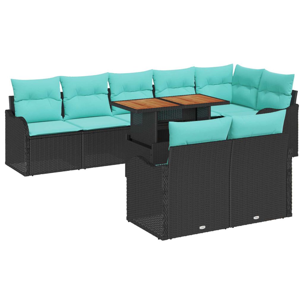 vidaXL 9 Piece Garden Sofa Set with Cushions in Black Poly Rattan and Acacia
