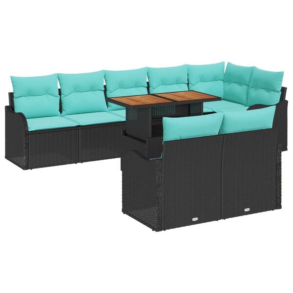 vidaXL 9 Piece Garden Sofa Set with Cushions in Black Poly Rattan and Acacia