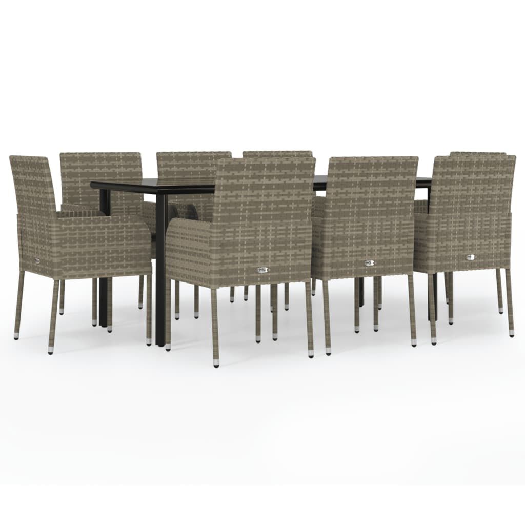 vidaXL 9 Piece Garden Dining Set with Cushions Black and Grey Poly Rattan