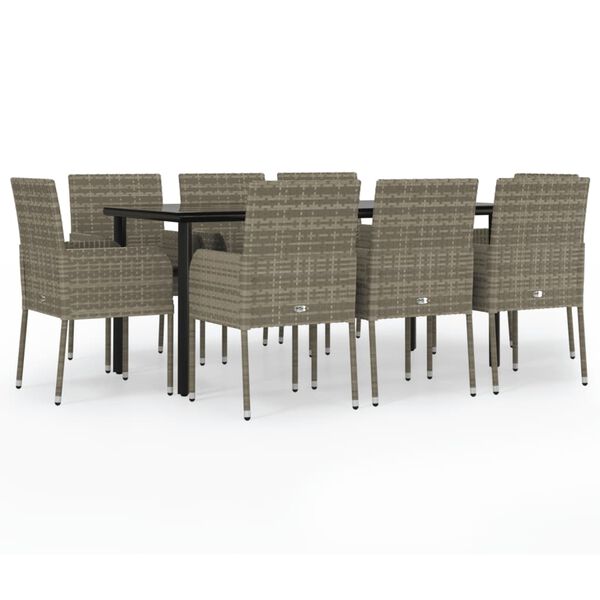 vidaXL 9 Piece Garden Dining Set with Cushions Black and Grey Poly Rattan