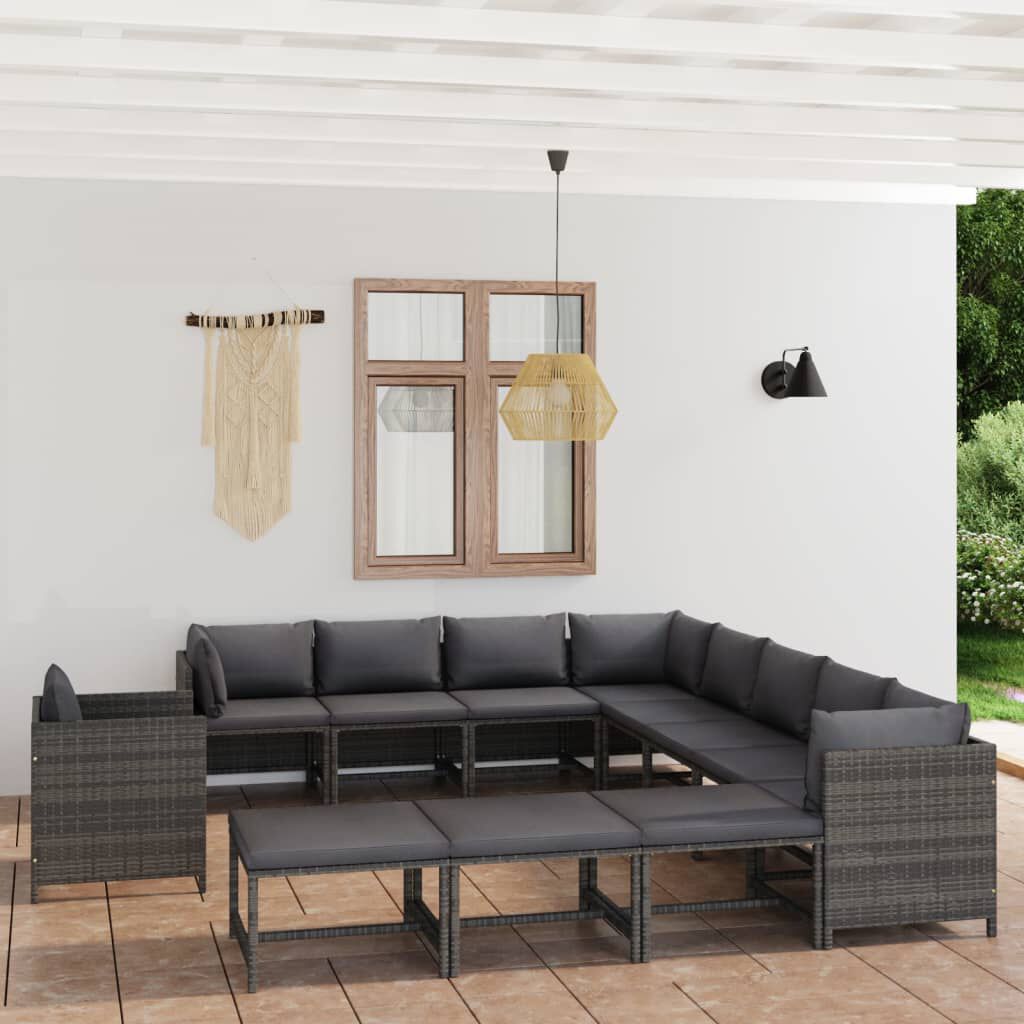 vidaXL 12 Piece Garden Lounge Set with Cushions Poly Rattan Grey