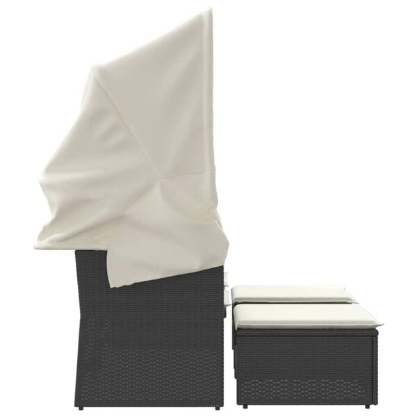 vidaXL Garden Sofa 2-Seater with Canopy and Stools Black Poly Rattan