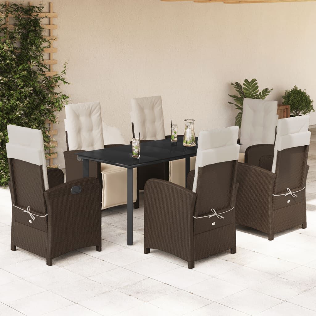 vidaXL 7 Piece Garden Dining Set with Cushions Brown Poly Rattan