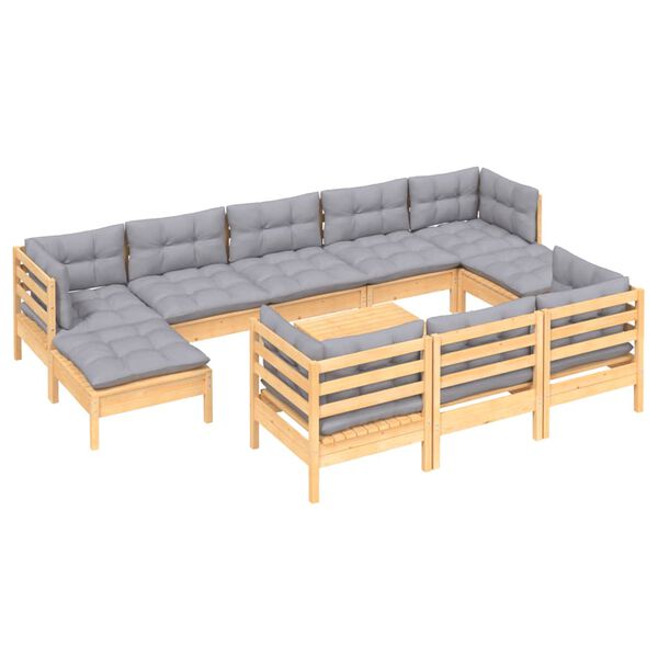 vidaXL 11 Piece Garden Lounge Set with Grey Cushions Solid Pinewood