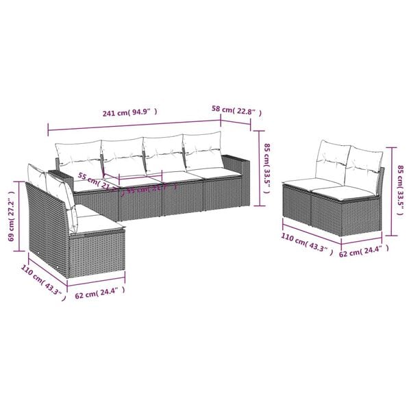 vidaXL 8 Piece Garden Sofa Set with Cushions Grey Poly Rattan