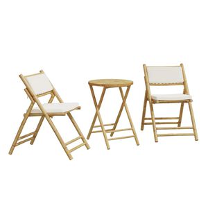 vidaXL 3 Piece Folding Bistro Set with Cream White Cushions Bamboo