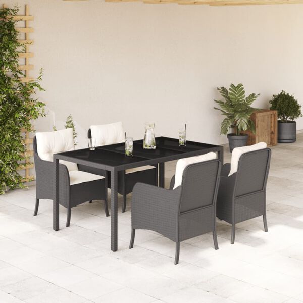 vidaXL 5 Piece Garden Dining Set with Cushions Black Poly Rattan