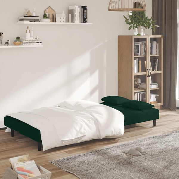 vidaXL 2-Seater Sofa Bed with Two Pillows Dark Green Velvet