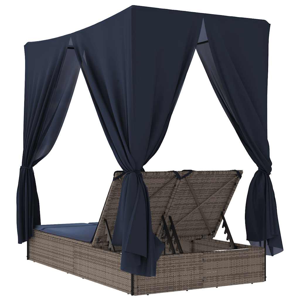 vidaXL Double Sun Lounger with Roof and Curtains Grey Poly Rattan