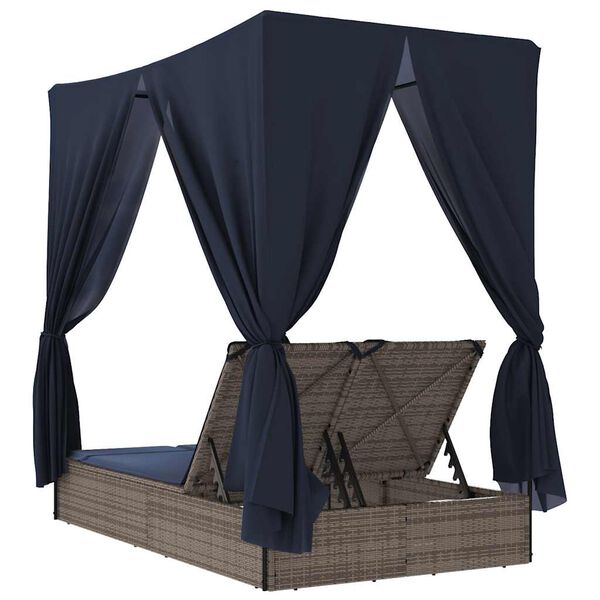 vidaXL Double Sun Lounger with Roof and Curtains Grey Poly Rattan