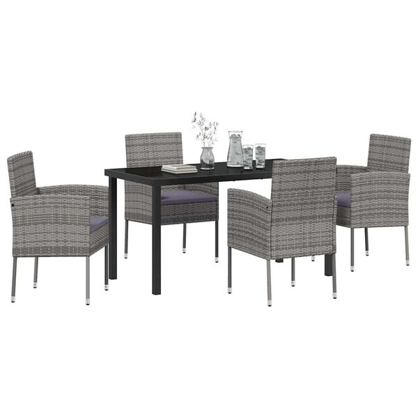 vidaXL Garden Dining Set with Cushion 5 pcs Grey Poly Rattan