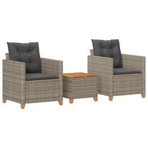 vidaXL 3 Piece Bistro Set with Cushions Grey Poly Rattan Acacia Wood
