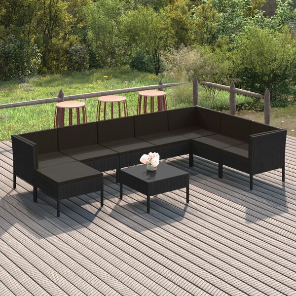 vidaXL 9 Piece Garden Lounge Set with Cushions Poly Rattan Black