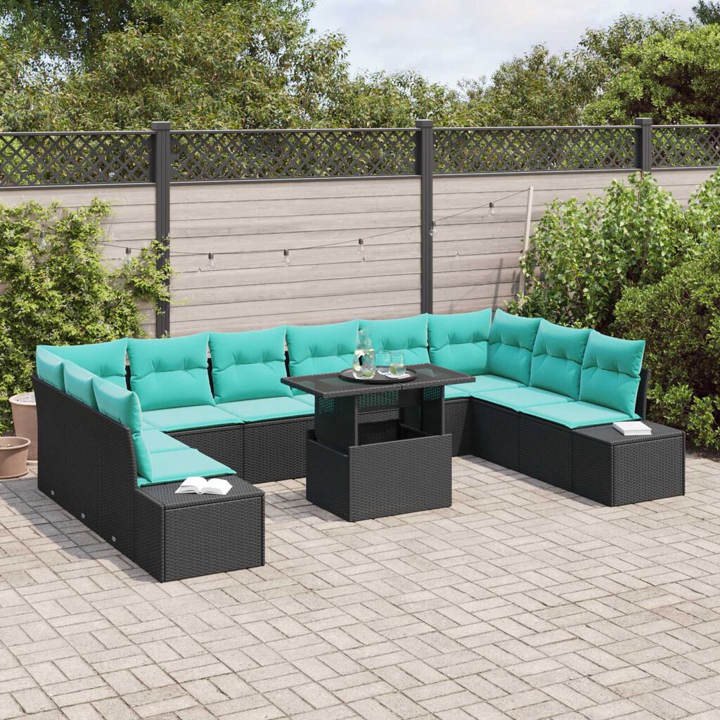 vidaXL 11 Piece Garden Sofa Set with Cushions Black Poly Rattan