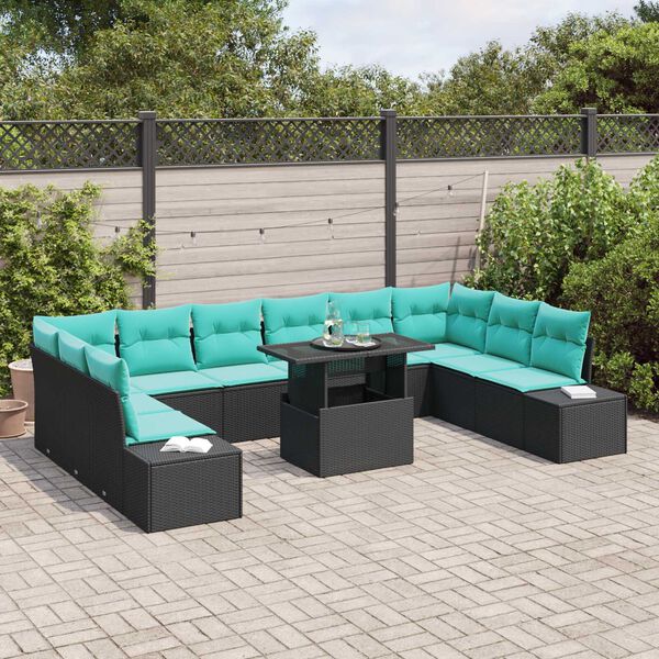 vidaXL 11 Piece Garden Sofa Set with Cushions Black Poly Rattan