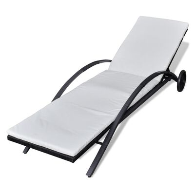 vidaXL Sun Lounger with Cushion & Wheels Poly Rattan Black