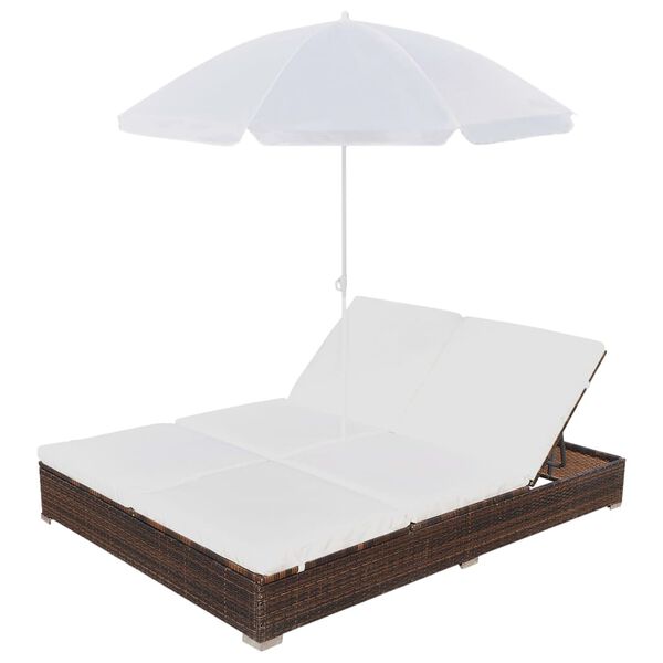 vidaXL Outdoor Lounge Bed with Umbrella Poly Rattan Brown