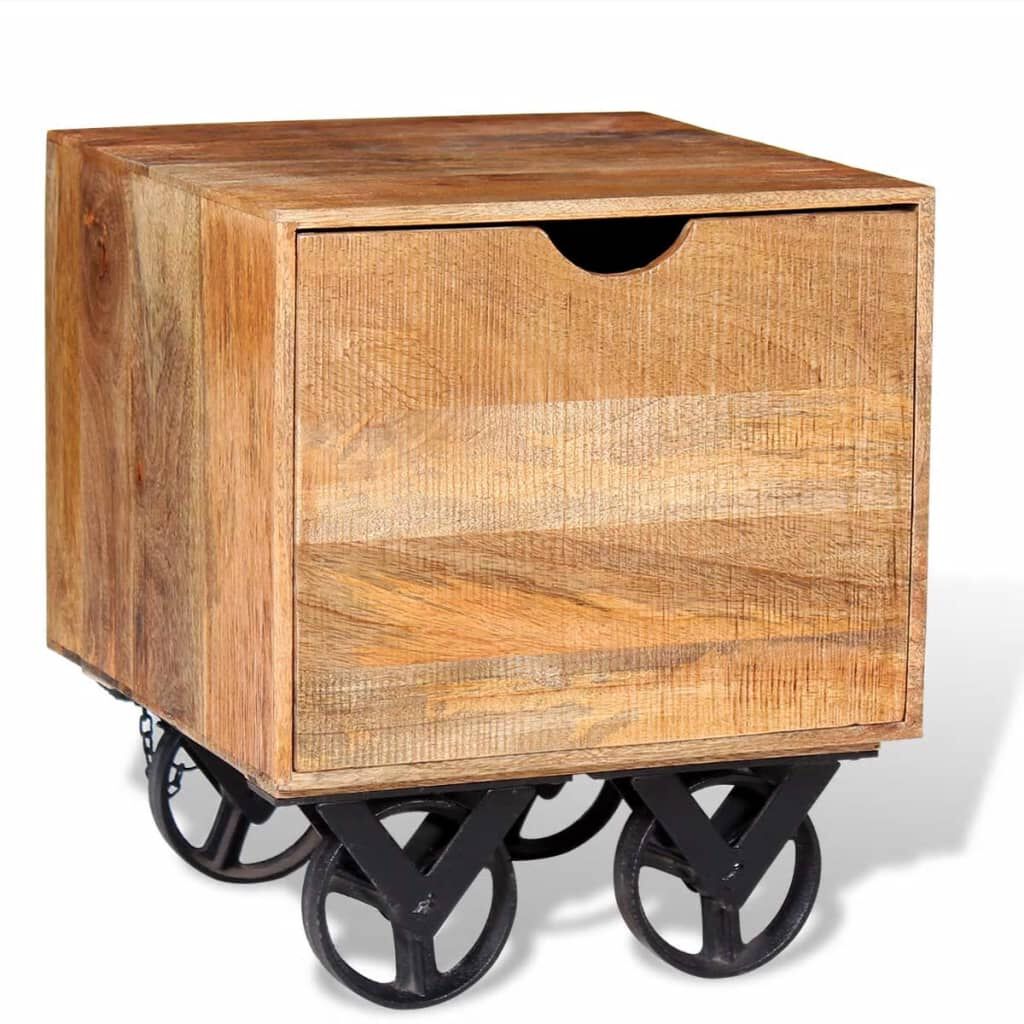vidaXL Side Table with Drawer Wheels Mango Wood 40x40x45 cm