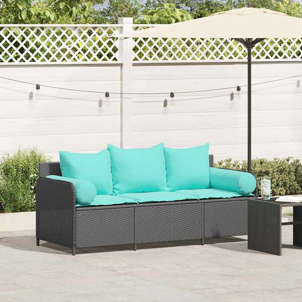 vidaXL Garden Sofa with Cushions 3-Seater Black Poly Rattan