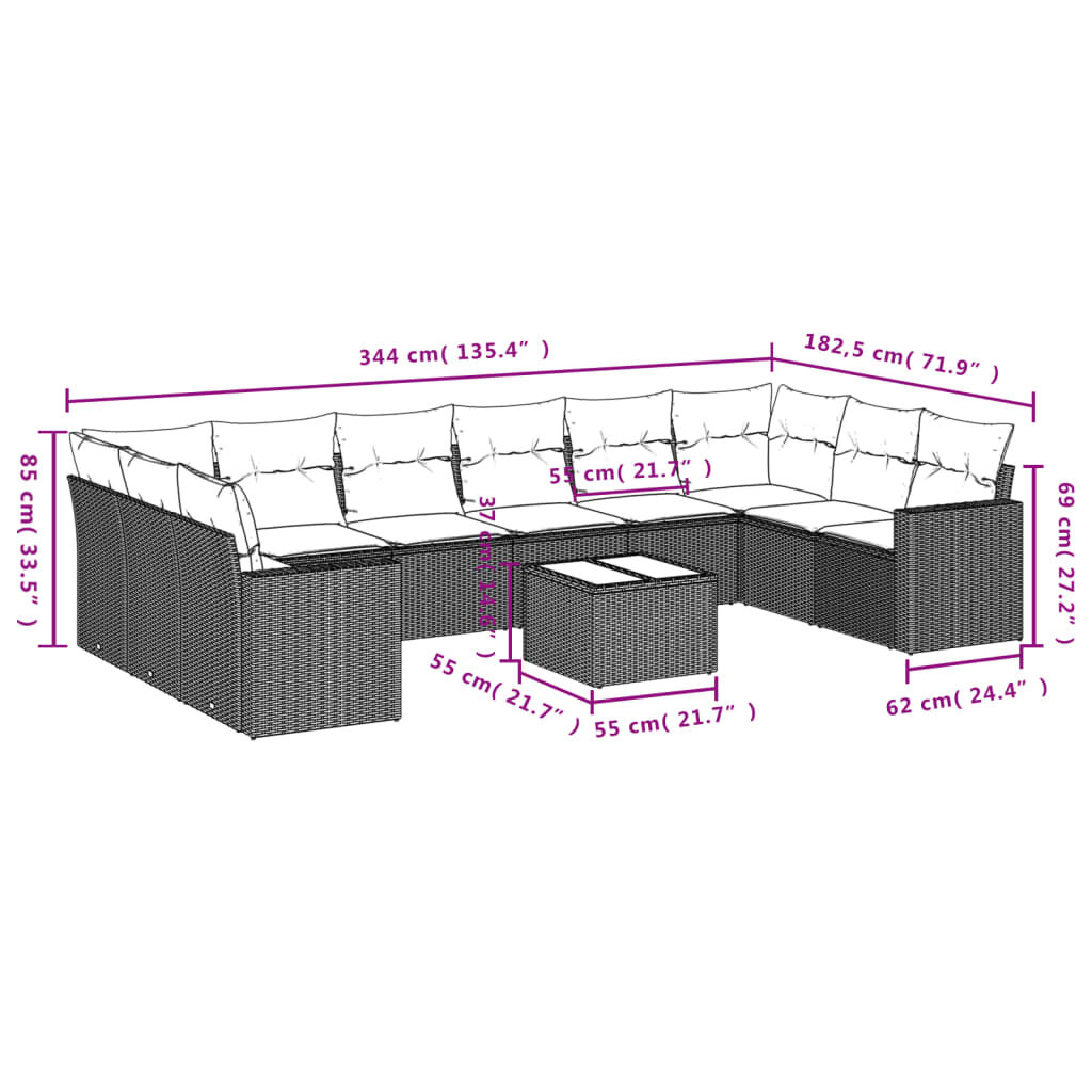 vidaXL 11 Piece Garden Sofa Set with Cushions Black Poly Rattan
