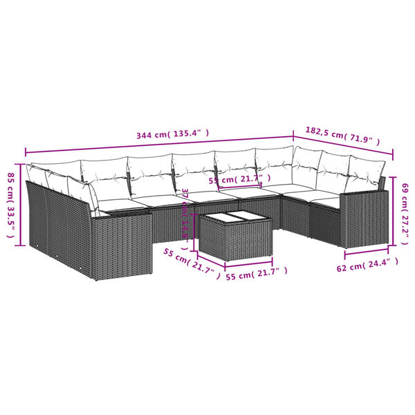 vidaXL 11 Piece Garden Sofa Set with Cushions Black Poly Rattan