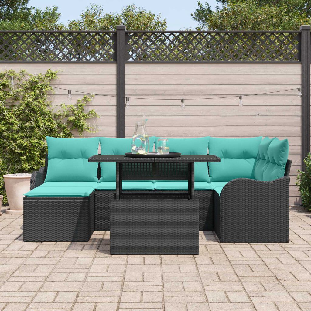 vidaXL 7 Piece Garden Sofa Set with Cushions Black Poly Rattan