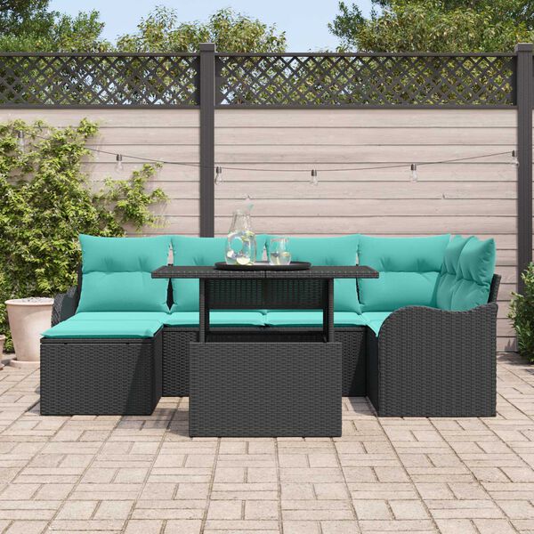 vidaXL 7 Piece Garden Sofa Set with Cushions Black Poly Rattan