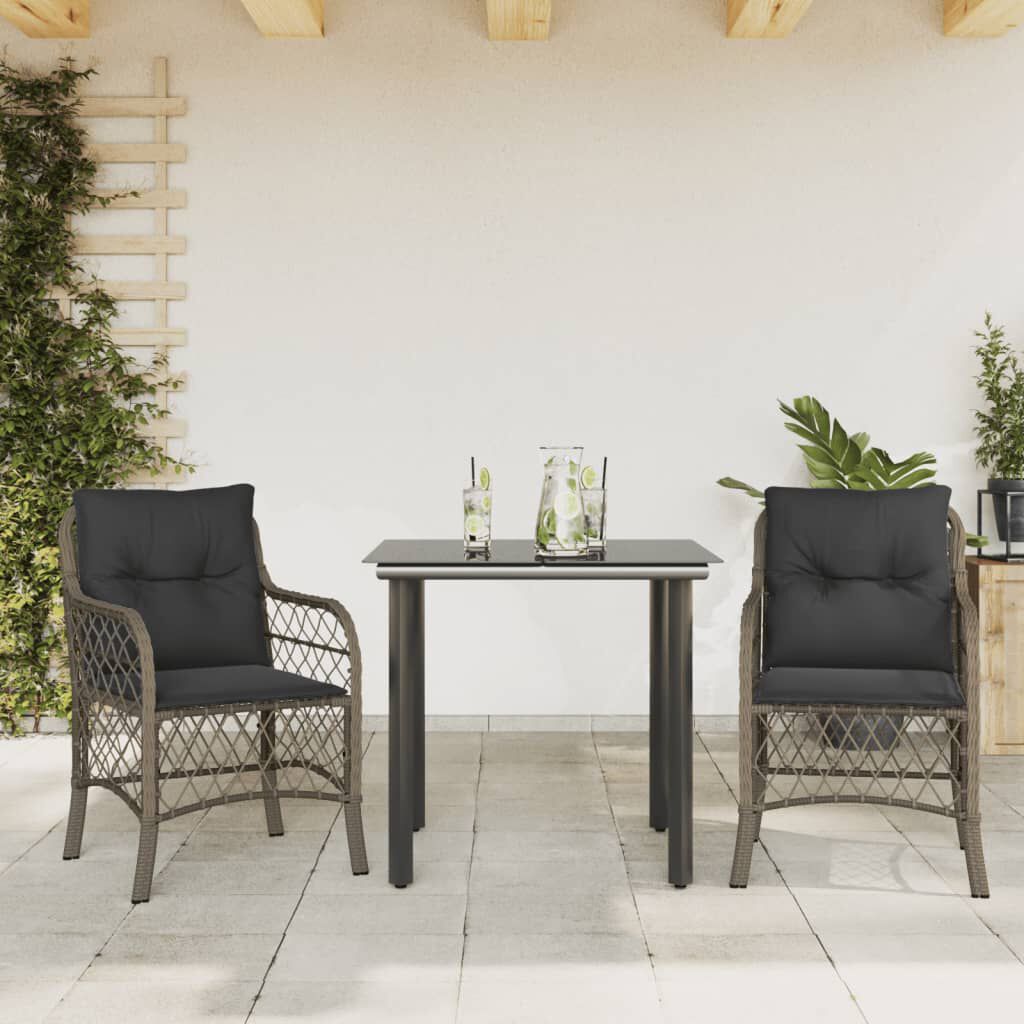 vidaXL 3 Piece Bistro Set with Cushions Grey Poly Rattan