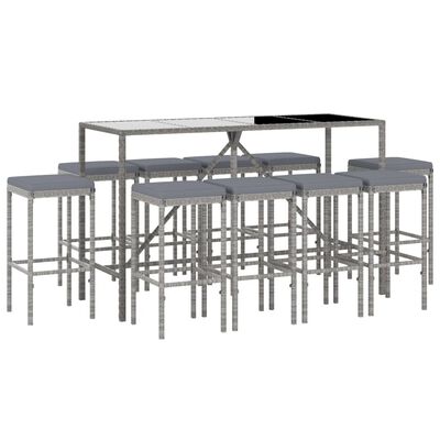 vidaXL 11 Piece Garden Bar Set with Cushions Grey Poly Rattan