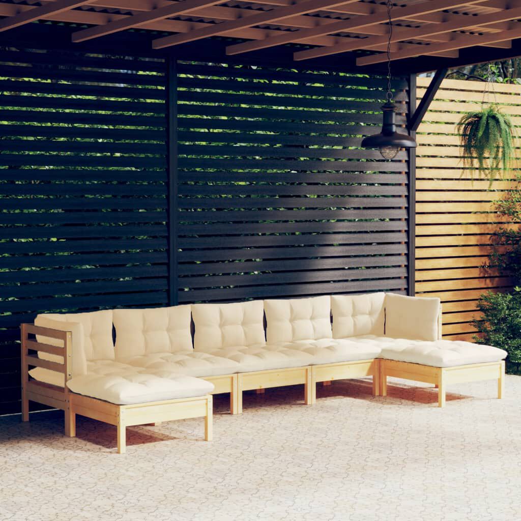 vidaXL 7 Piece Garden Lounge Set with Cream Cushions Pinewood