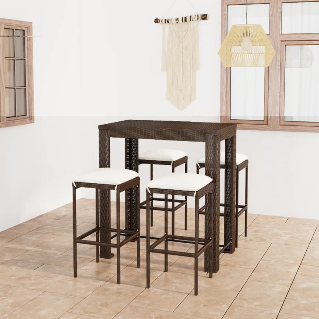 vidaXL 5 Piece Garden Bar Set with Cushions Poly Rattan Brown
