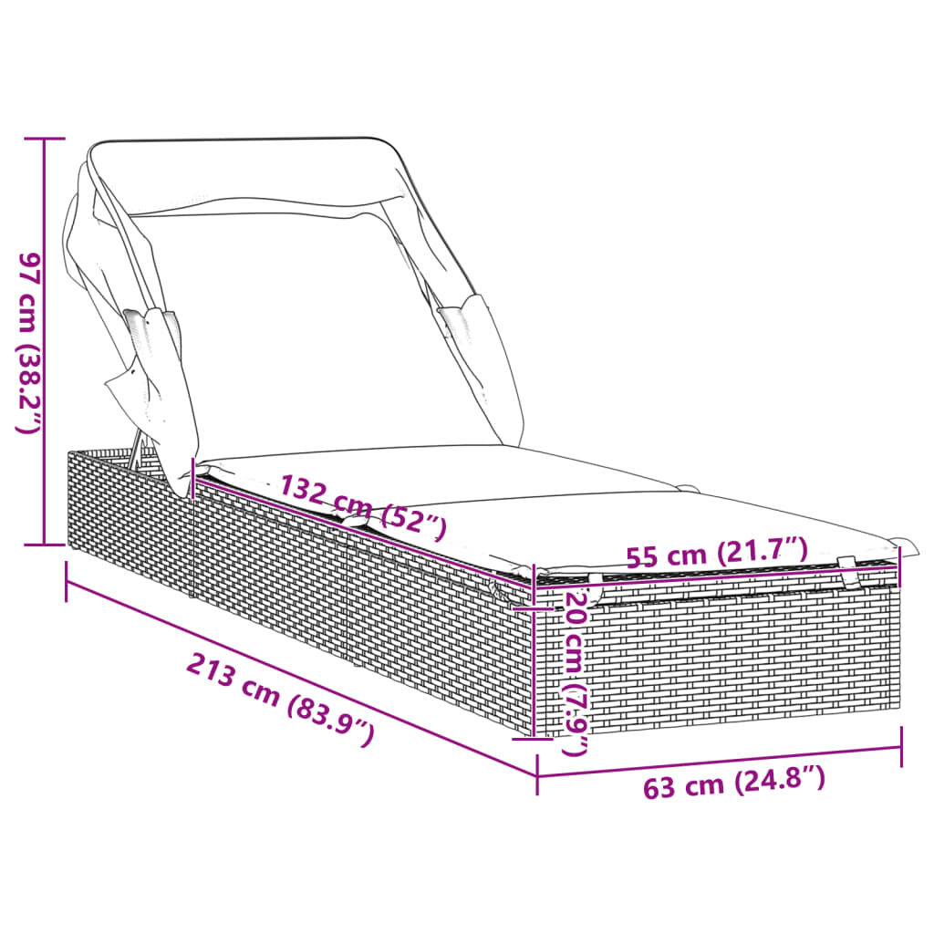vidaXL Sunbed with Foldable Roof Grey 213x63x97 cm Poly Rattan