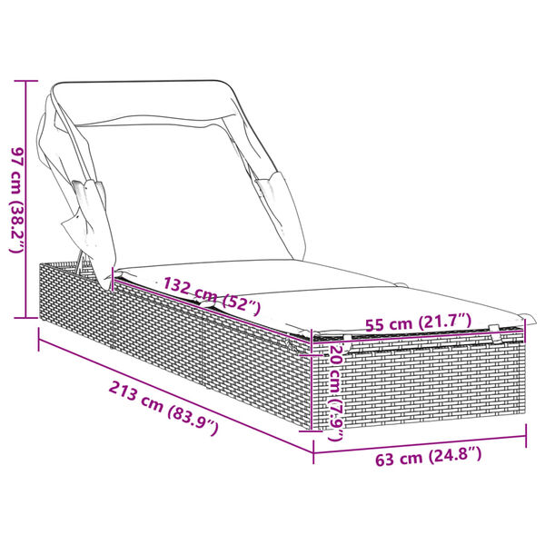 vidaXL Sunbed with Foldable Roof Grey 213x63x97 cm Poly Rattan