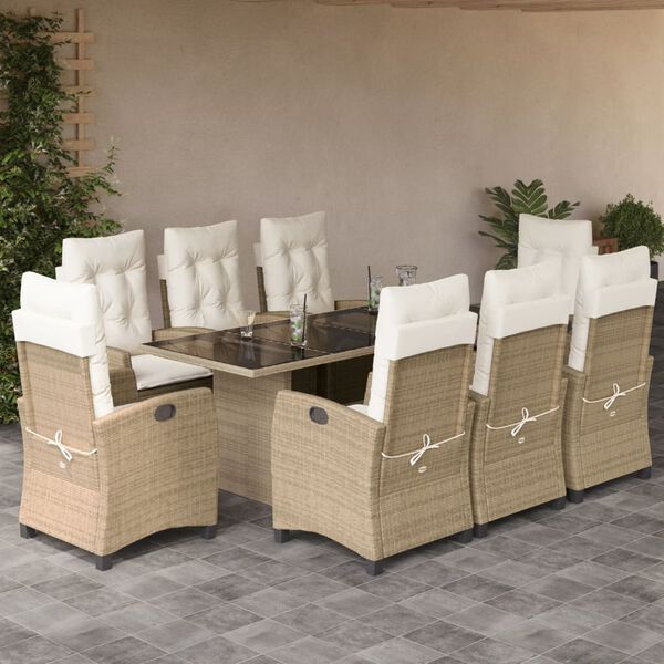vidaXL 9 Piece Garden Dining Set with Cushions Beige Poly Rattan