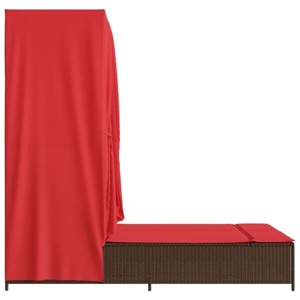 vidaXL Double Sun Lounger with Roof and Curtains Brown Poly Rattan