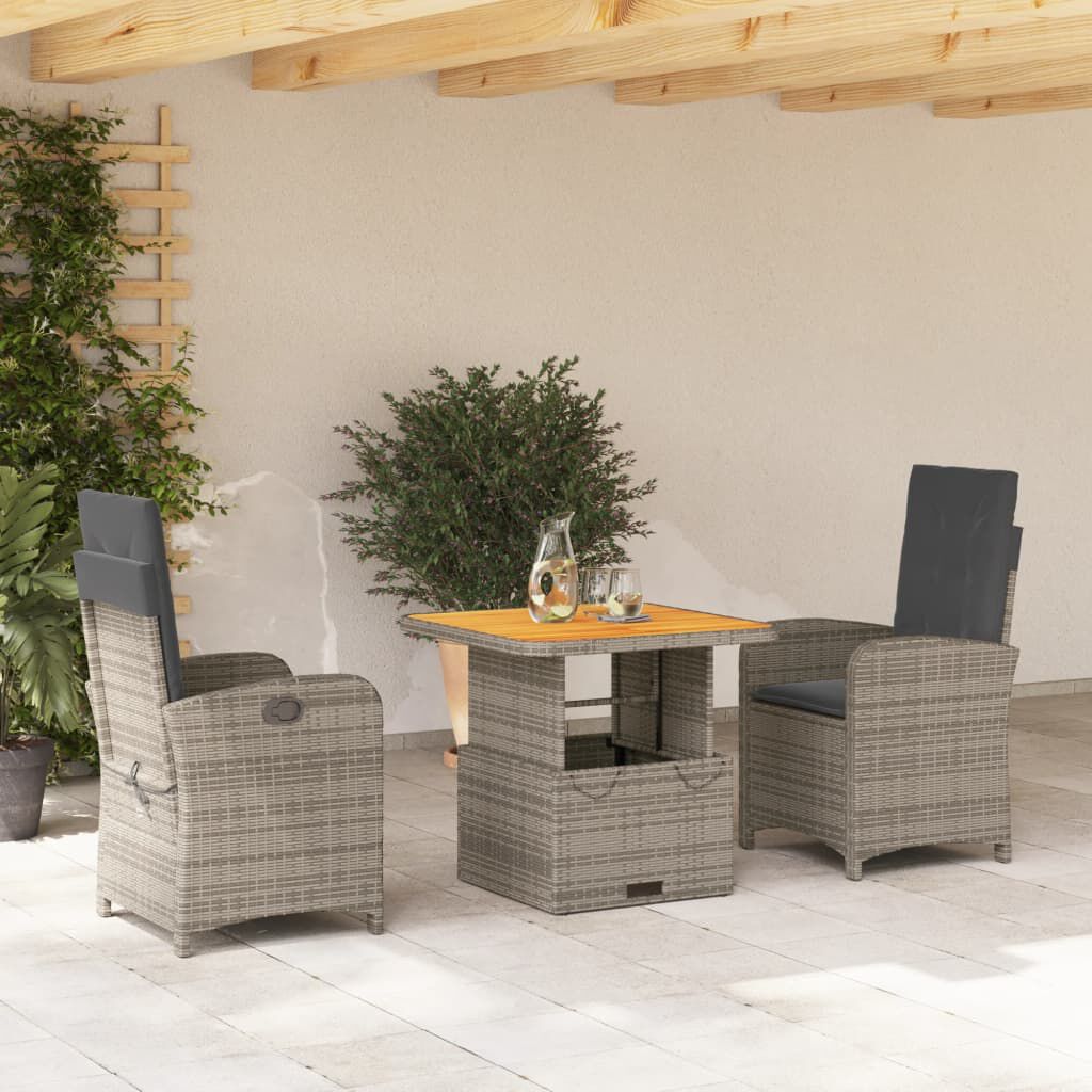 vidaXL 3 Piece Garden Dining Set with Cushions Grey Poly Rattan