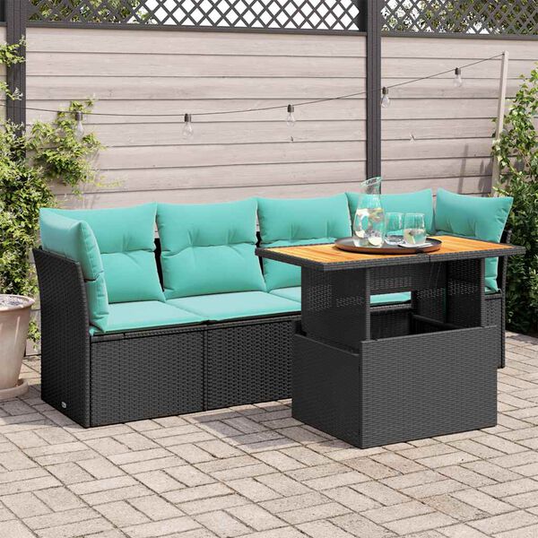 vidaXL 5 Piece Garden Sofa Set with Cushions Black Poly Rattan