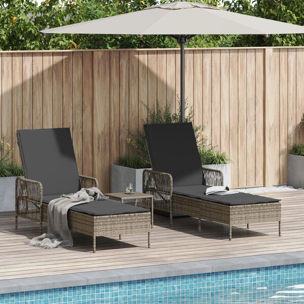 vidaXL Sun lounger Reclining 2 pcs Grey 35 x 35 x 32cm Poly Rattan
