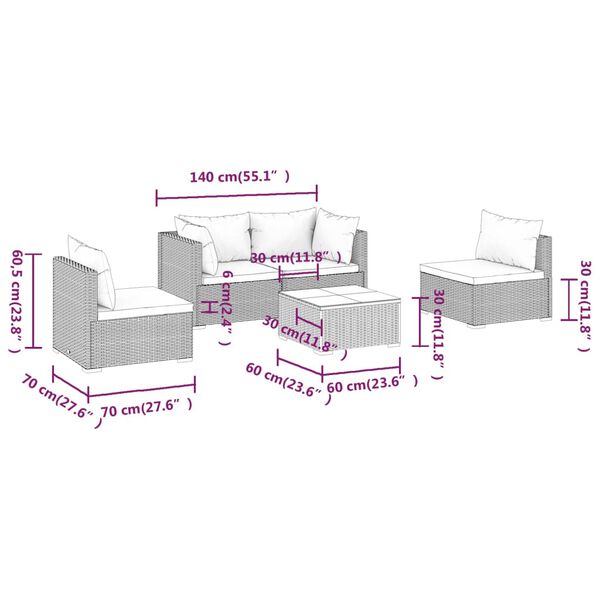 vidaXL 5 Piece Garden Lounge Set with Cushions Poly Rattan Brown