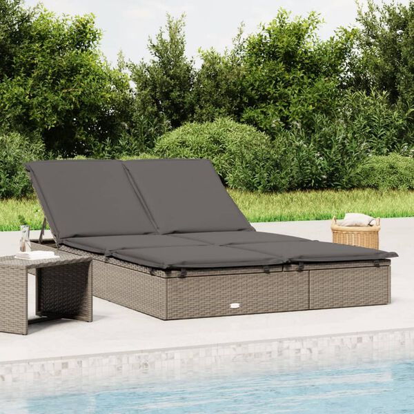 vidaXL 2-Person Sunbed with Cushions Grey Poly Rattan