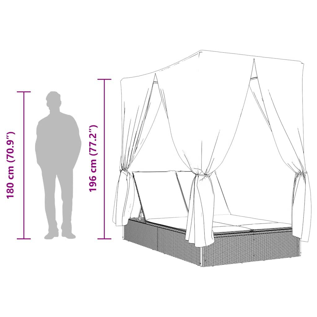vidaXL Double Sun Lounger with Roof and Curtains Grey Poly Rattan