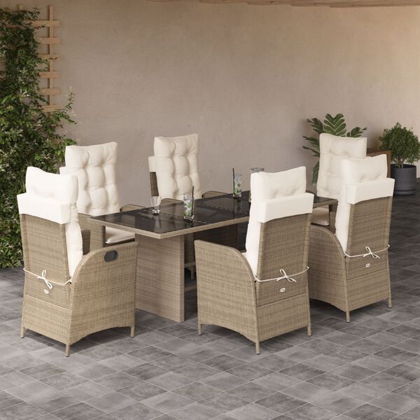 vidaXL 7 Piece Garden Dining Set with Cushions Beige Poly Rattan