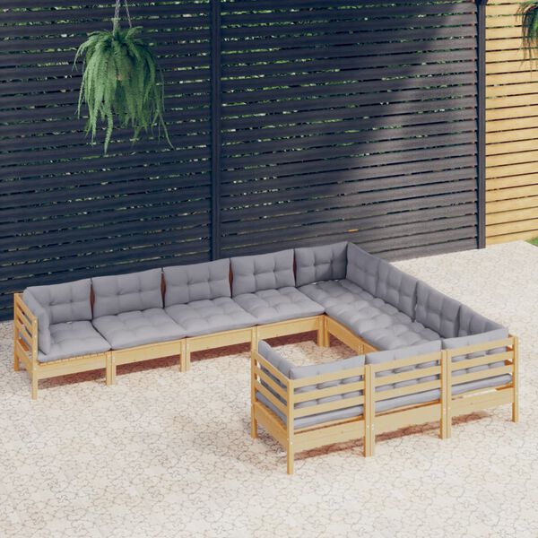 vidaXL 10 Piece Garden Lounge Set with Grey Cushions Pinewood