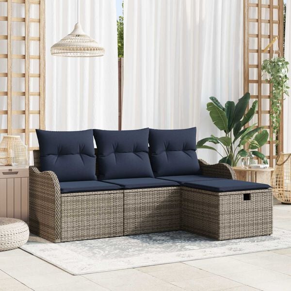 vidaXL 4 Piece Garden Sofa Set with Cushions Grey Poly Rattan