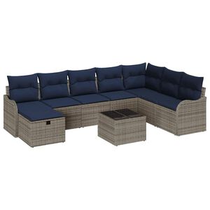 vidaXL Sofa Set with Cushion Manual 9 pcs Grey and Navy Poly Rattan