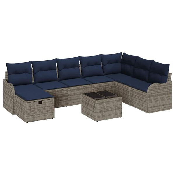 vidaXL Sofa Set with Cushion Manual 9 pcs Grey and Navy Poly Rattan