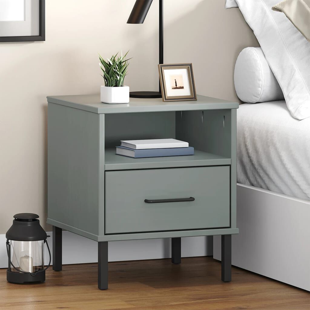 vidaXL Bedside Cabinet with Metal Legs Grey Solid Wood Pine OSLO