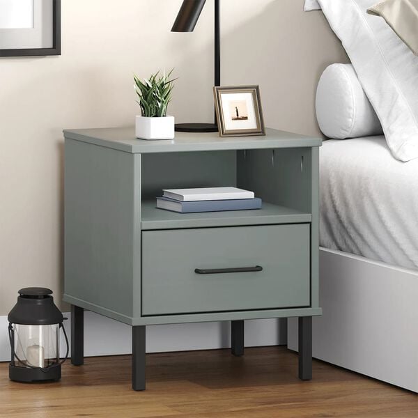 vidaXL Bedside Cabinet with Metal Legs Grey Solid Wood Pine OSLO