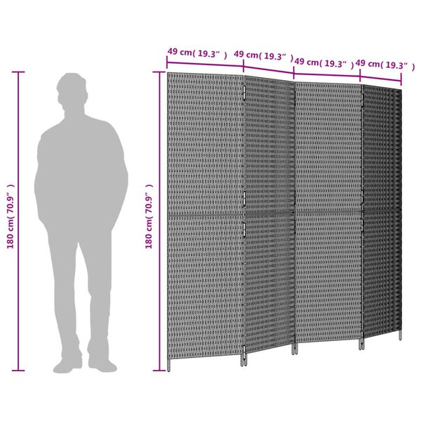 vidaXL Room Divider 4 Panels Grey Poly Rattan